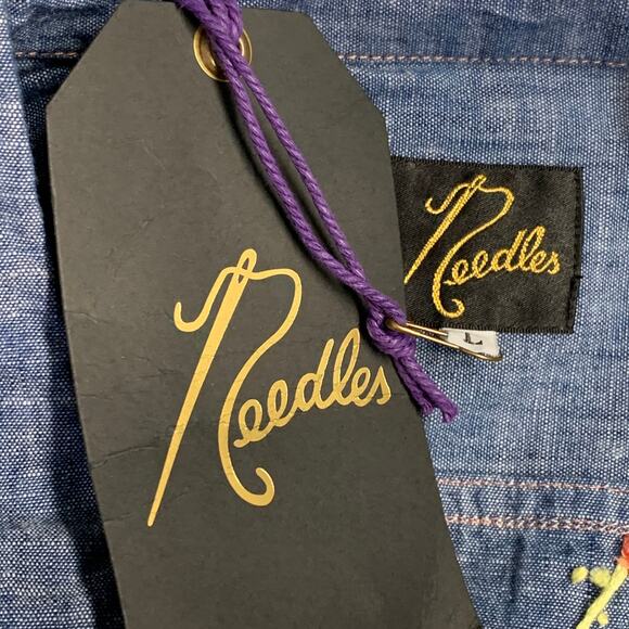 NEEDLES Size L Blue Multi Color Embroidery Chambray Snaps Long Sleeve Shirt - Picture 7 of 7